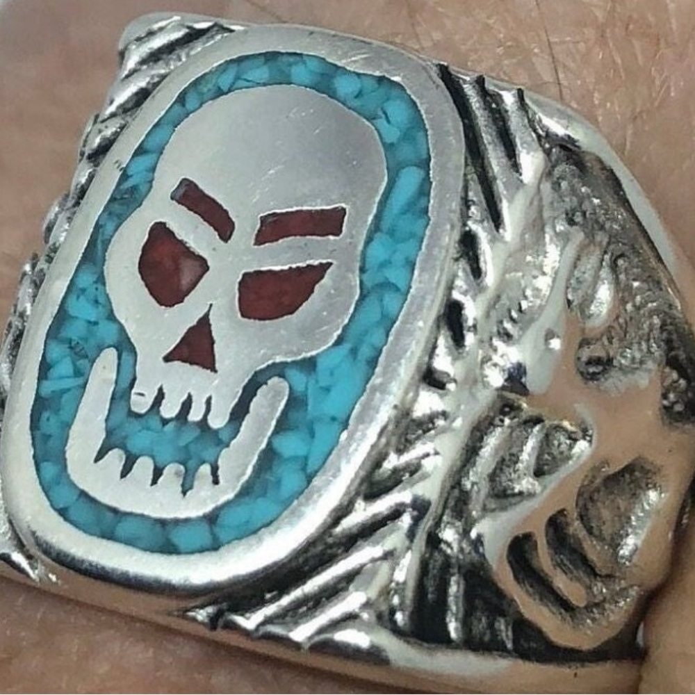 Silver and Blue Skull Jewelry Ring with Textured Border